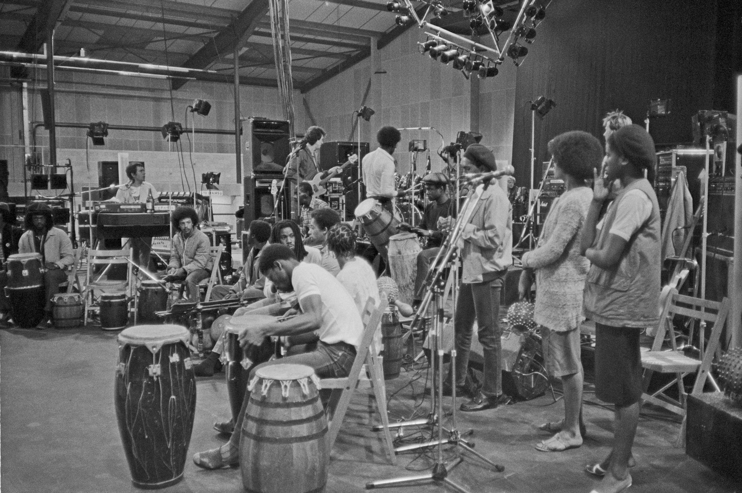 Ekome rehearse with Peter Gabriel before their performance at WOMAD 1982